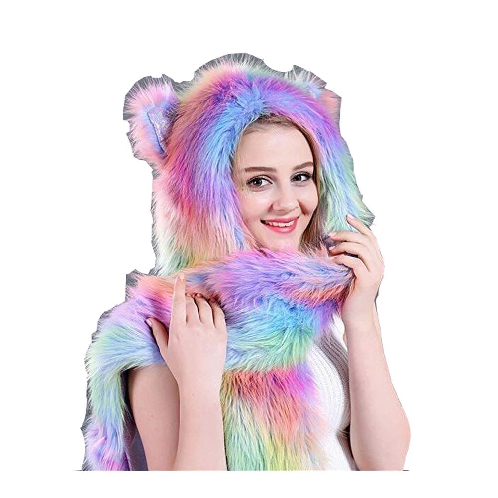 Women Animal Faux Fur Hoodie Hat Winter Light Up Gloves Scarf Paws LED Costume