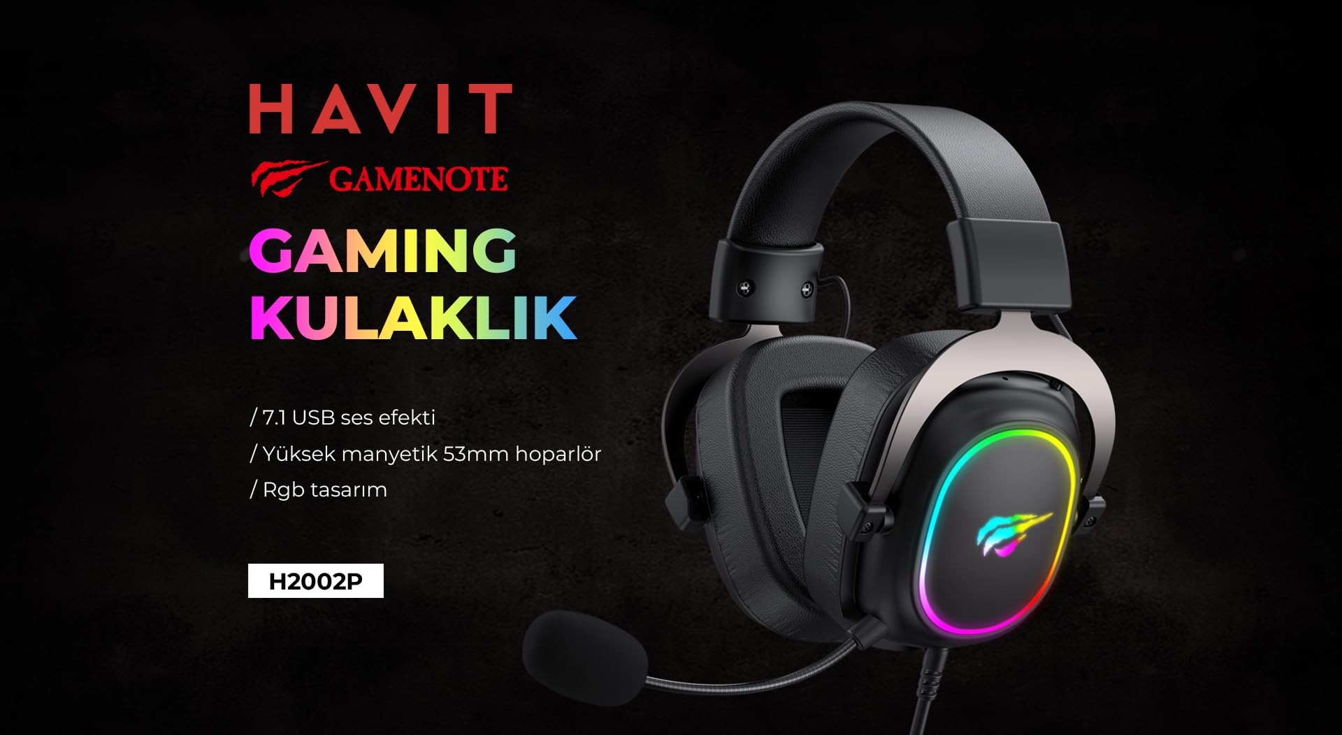 Havit H2002p RGB Gaming Headset mit Mikrofon – 50 mm Treiber – 7.1 Kopfhörer mit Kabel Surround Sound – Memory Foam Ohrpolster, Verstellbarer Kopfbügel - 2 m Spiralkabel (Schwarz, Ocker)