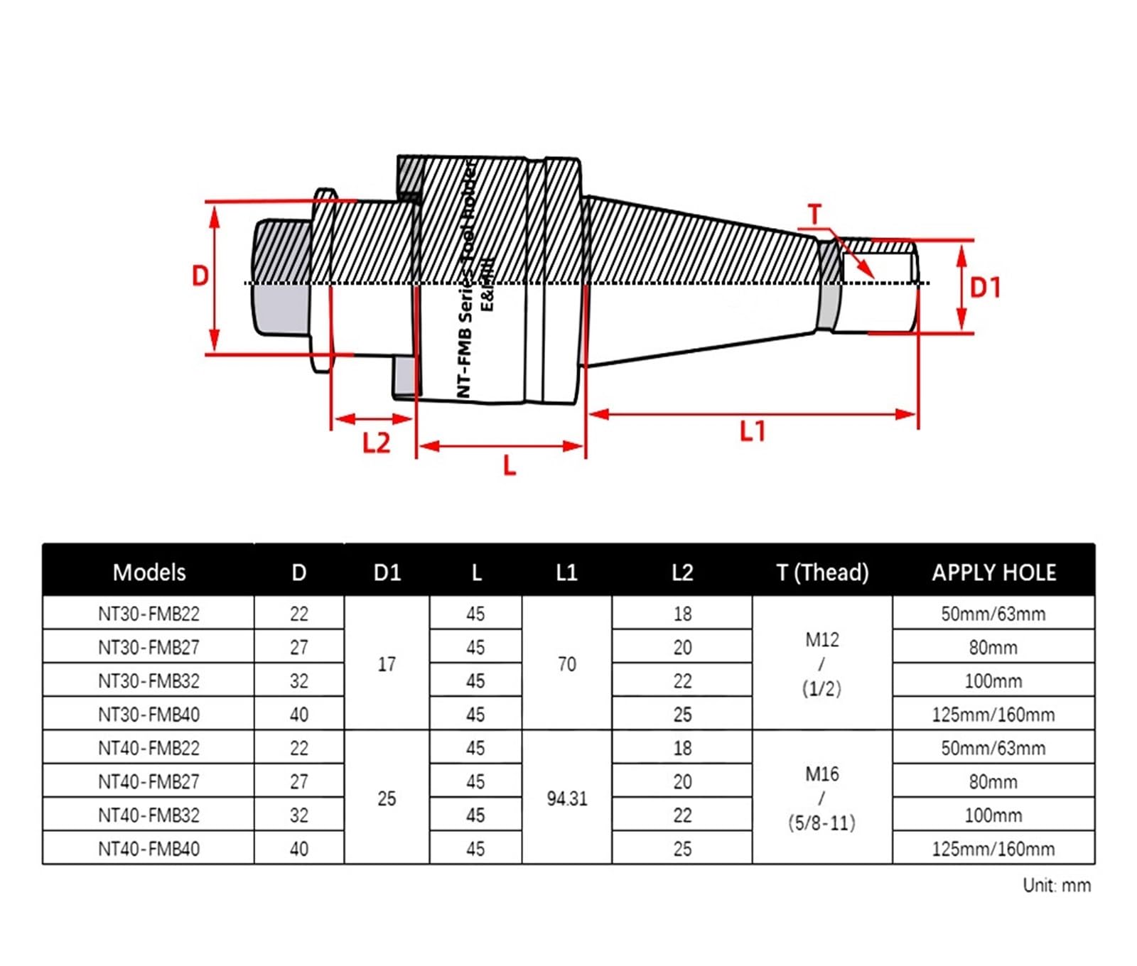 Adattatore for alloggiamento Perno di fresatura Frontale for Macchine CNC Gambo Perno di fresatura Verticale M12 M16NT30 NT40 FMB22 FMB27 FMB32 FMB40(NT30-FMB40 (M12))