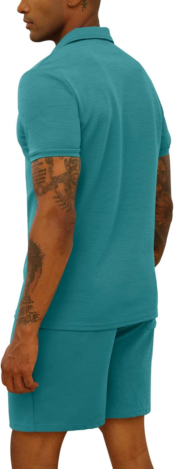 Mens 2 Piece Zip Tracksuit Short Sleeve Printed Polo Shirt and Shorts Pants Sets Summer Casual Outfits for Men - Image 4