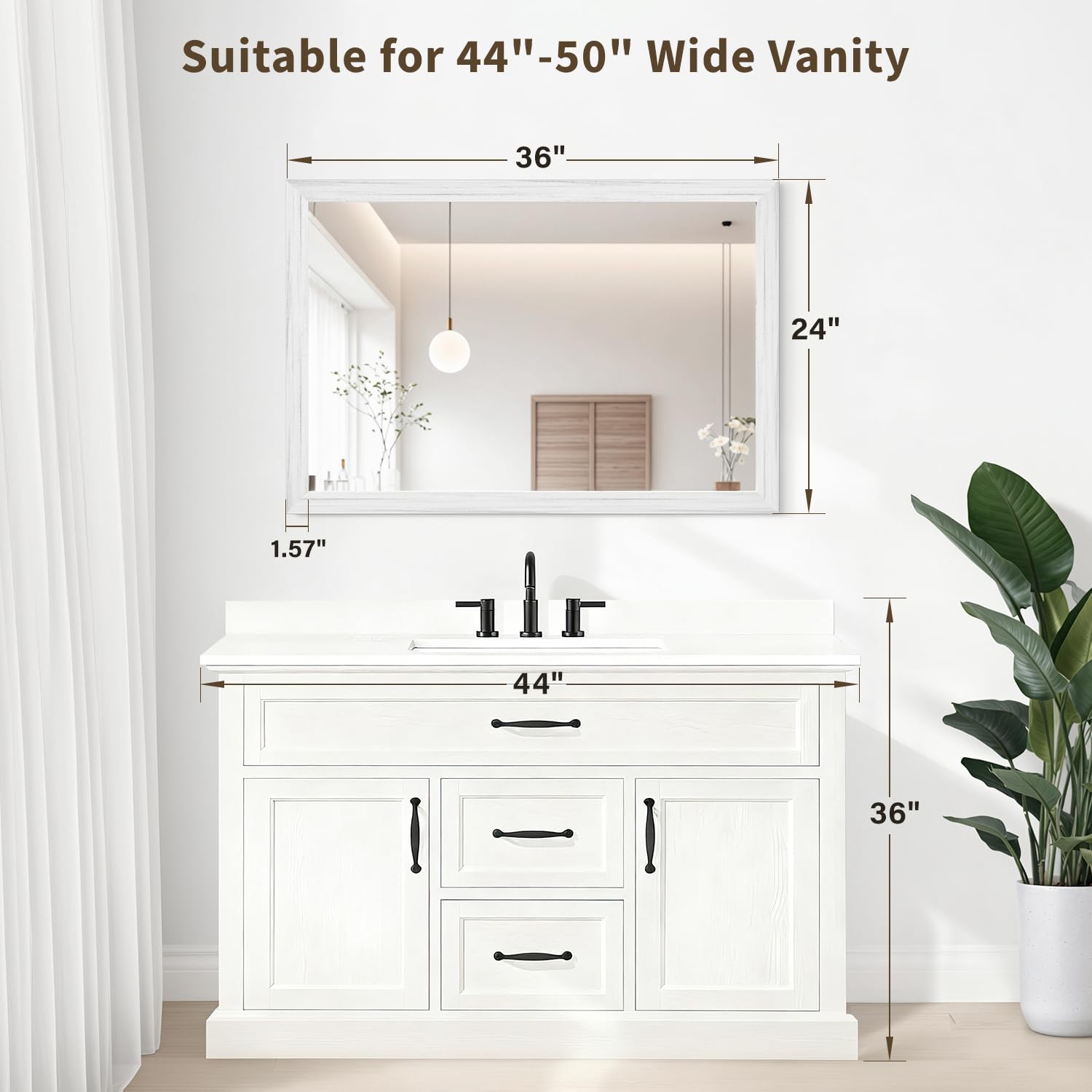 Lustro ścienne w ramce z efektem białego drewna, prostokątne lustro 24 x 36, szkło hartowane 1/20.3 cm, trwałe i solidne ramki PS, odbicie HD i szybka konfiguracja 3 min do łazienki salonu