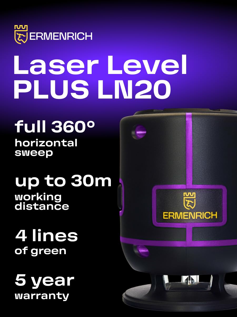 PLUS LN20 Samopoziomujący Poziomica Laserowa Tryb Impulsowy 30 m Zielona Wiązka 4 Linie — 360° — IP54 Kompaktowa Ładowalna Uchwyt w Kształcie L Typu C W Zestawie Fioletowa