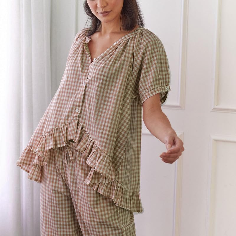 Image of Argeousgor Women Plaid 2 Piece Pajama Set Button Down Puff Sleeve Babydoll Shirt Gingham Pants Pj Lounge Set Sleepwear