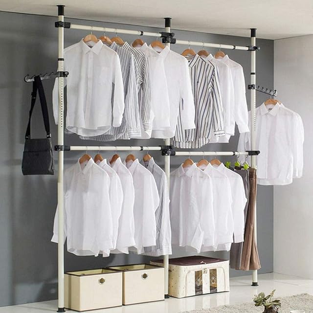 lyrlody Telescopic Clothes Rail, Heavy Duty Clothes Rack Movable Coat Hanger DIY Clothes Telescopic Wardrobe Scalable Adjustable Garment Rack for Indoor Family Room Dormitory