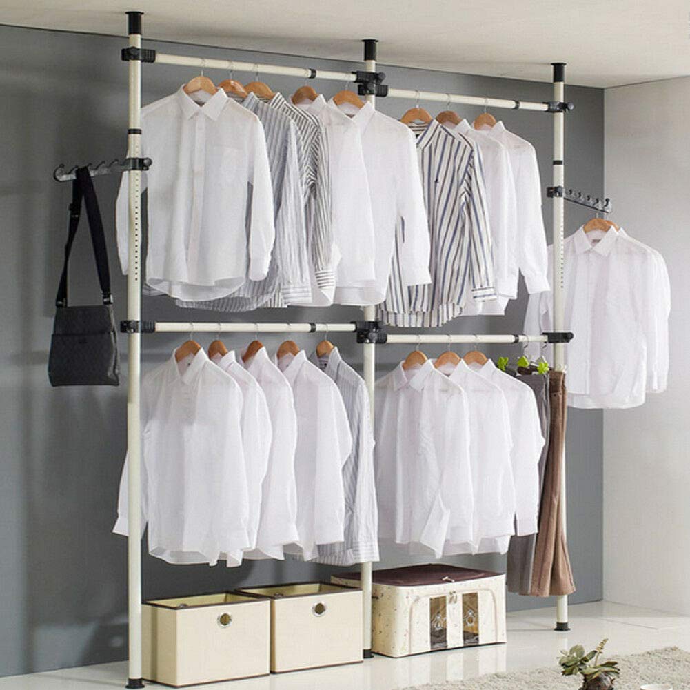 lyrlody Telescopic Clothes Rail, Heavy Duty Clothes Rack Movable Coat Hanger DIY Clothes Telescopic Wardrobe Scalable Adjustable Garment Rack for Indoor Family Room Dormitory