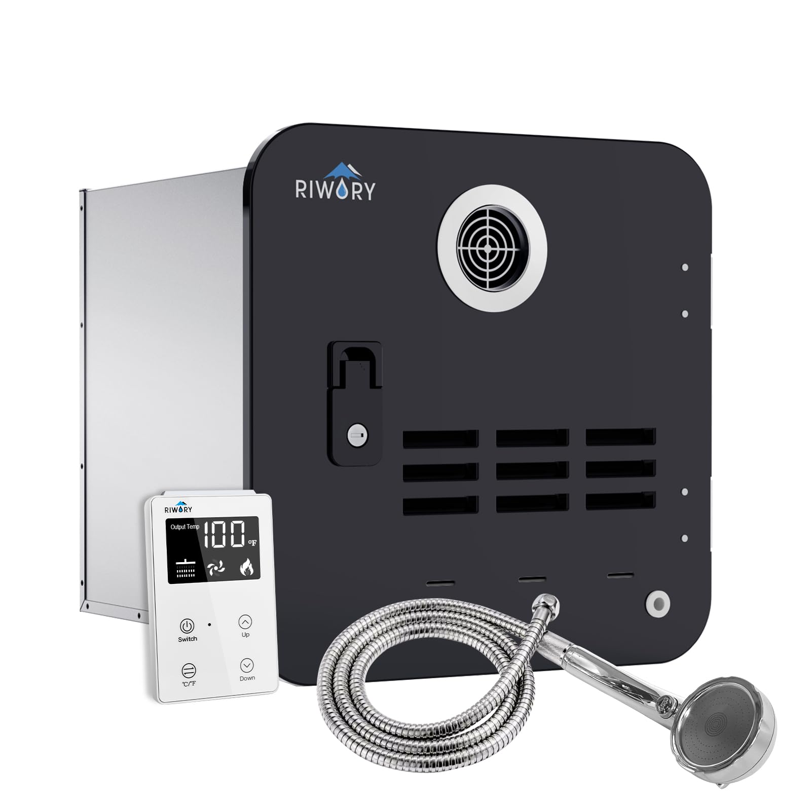 Tankless RV Water Heater Propane with 15x15 Black Door, DC 12V