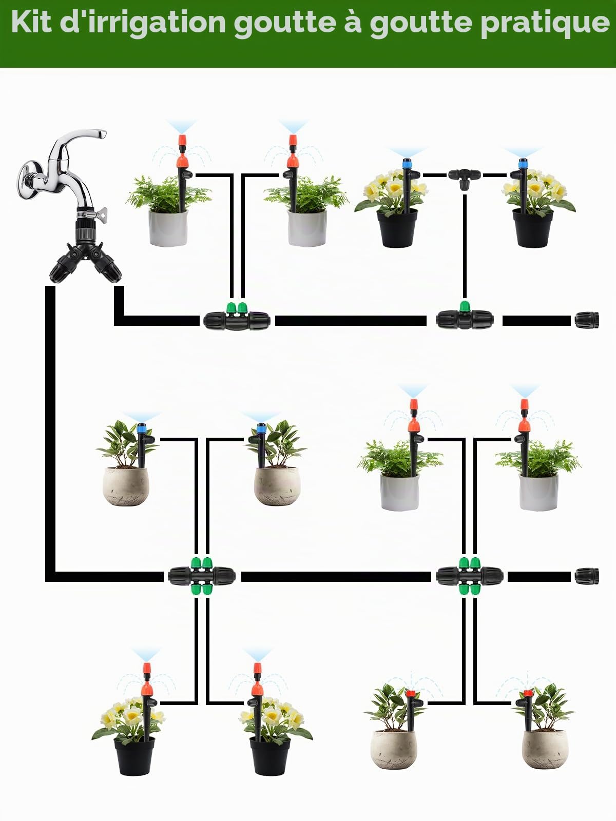 20 Pièces Connecteurs T Barbelé Verrouillés, Kalolary Kit Raccords d'Irrigation Goutte 1/2 à 1/4" Connecteur Femelle Verrouillage 12/16 à 4/7 mm d'Irrigation Verrouillage Barbelé 4 Voies (Noir Vert)