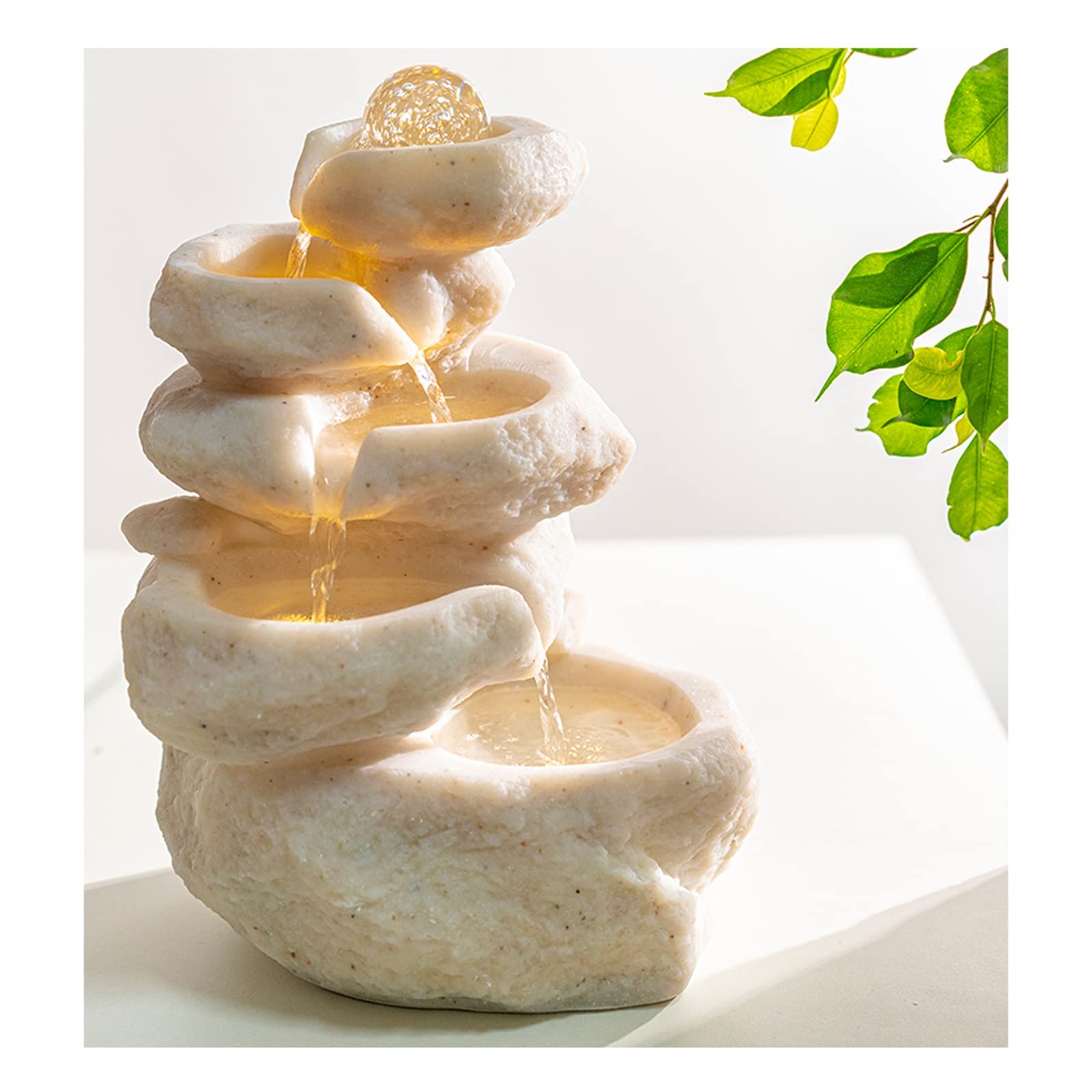 Fuente de Mesa para Interiores con Luces LED, diseño Decorativo de Roca escalonada y Cascada, Sonido de Agua Suave y Relajante, Fuente de Agua pequeña de 35 cm (13,7 Pulgadas), Col,Black