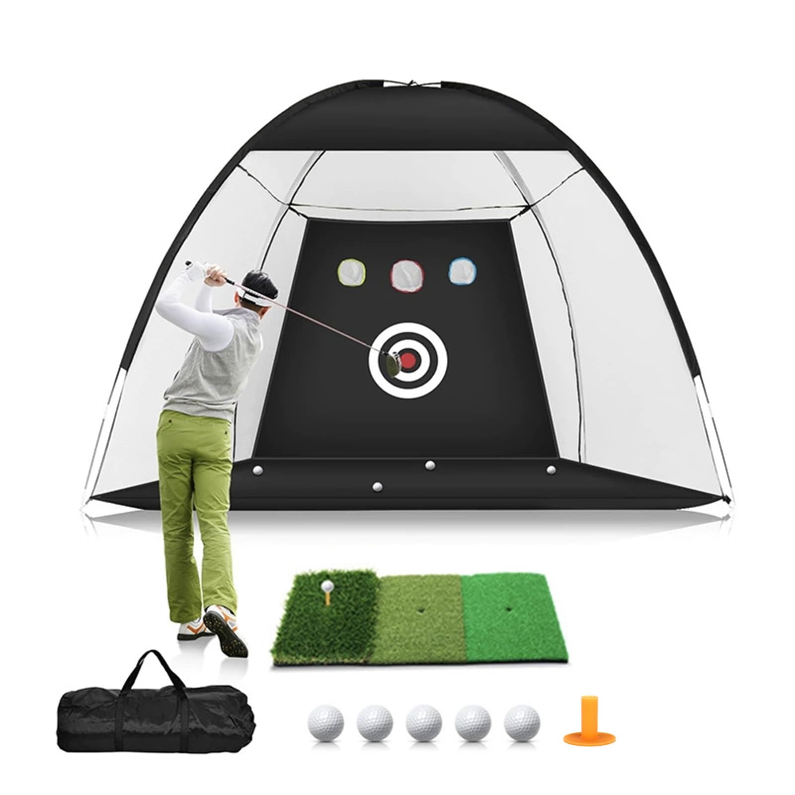 Golf Practice Net 10x7Feet (300x200cm) with Tri-Turf Mat set Golf Training Chipping Aid Nets with Reduce Noise Nylon Target (L)