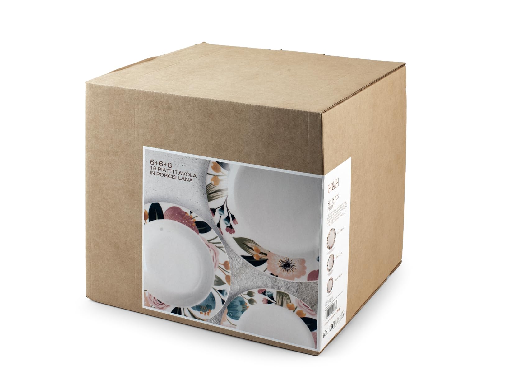 H&H Servizio Tavola 18 Pezzi Peony in Porcellana Decorata – Piatti Piani, Fondi e Frutta – Lavabili in Lavastoviglie – Adatti a Microonde – Eleganza e Stile per la Tavola