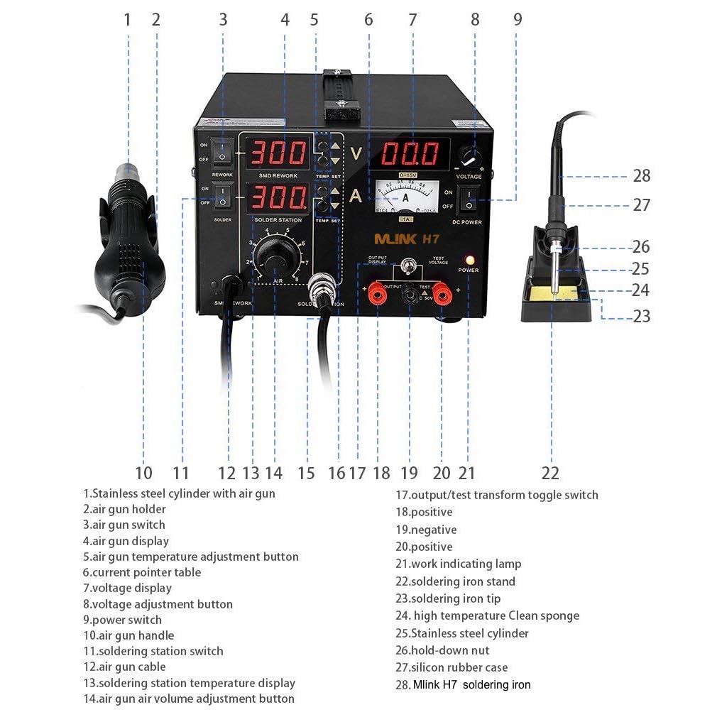Mlink H7 Estación de Soldadura 3 en 1 con Aire Caliente y Fuente DC 800W Pantalla LED 10 Puntas