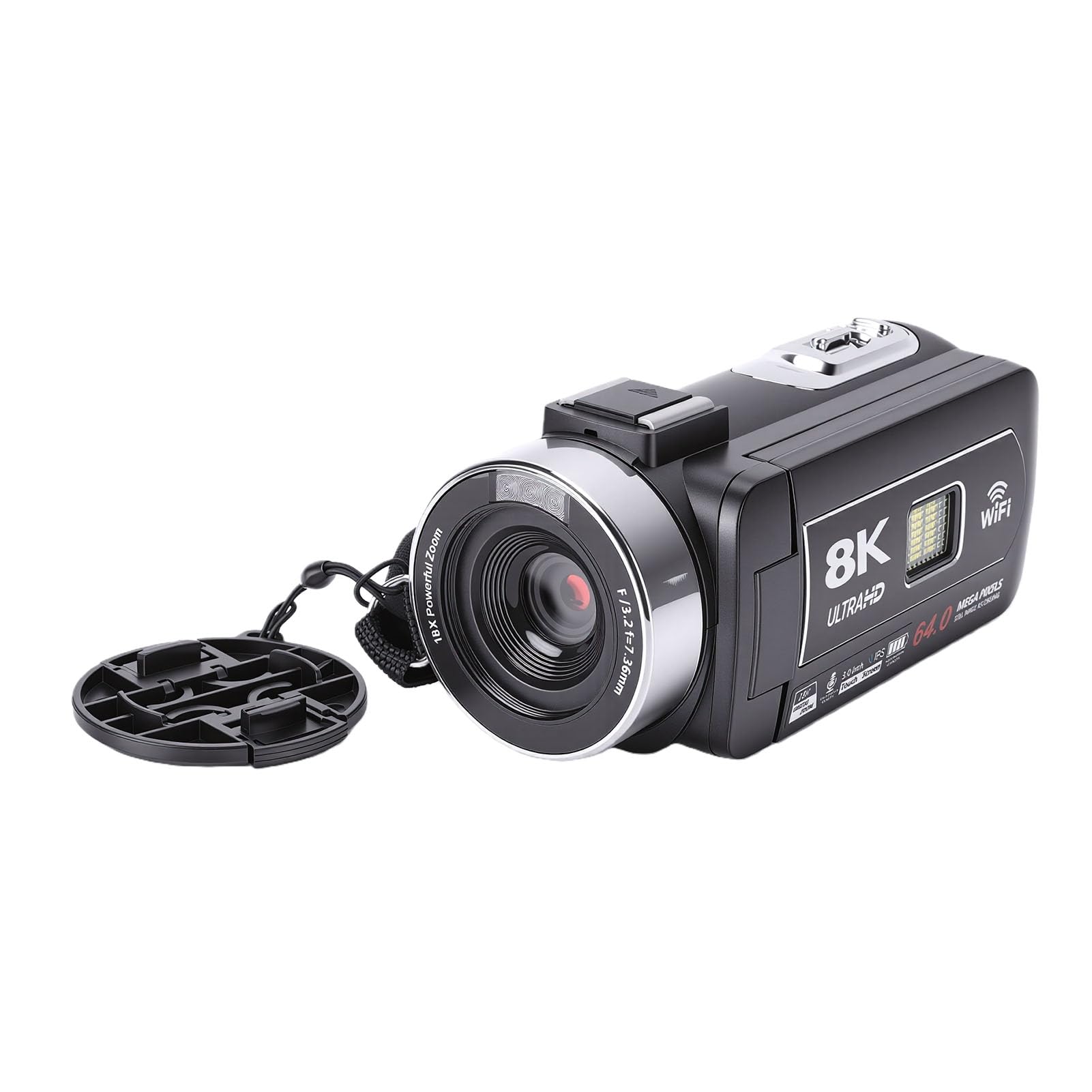 Videocámara 8K, 64MP Foto 18X Zoom Digital Pantalla Táctil de 3 Pulgadas LED WiFi Vlogging Cámara, Grabadora de Video Digital con Cámara Web, Micrófono Externo, Grabación en Pausa para