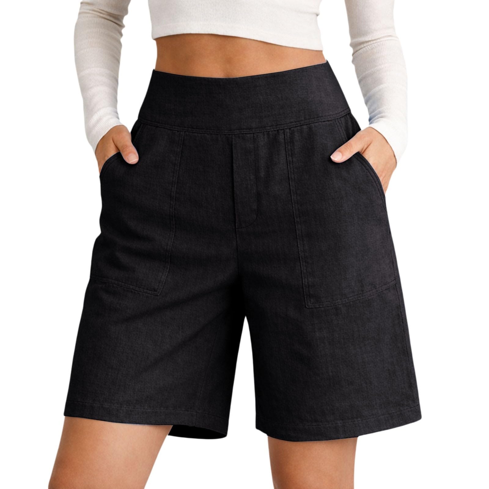 Pantaloncini Corti Cotone e Lino Donna Estivi - Bermuda Larghi Pantaloncini Leggero Comodi Vita Alta Elastico Eleganti al Ginocchio Curvy Eleganti Calda Comodi Respiranti Larghi Spiaggia 2026 S-3XL