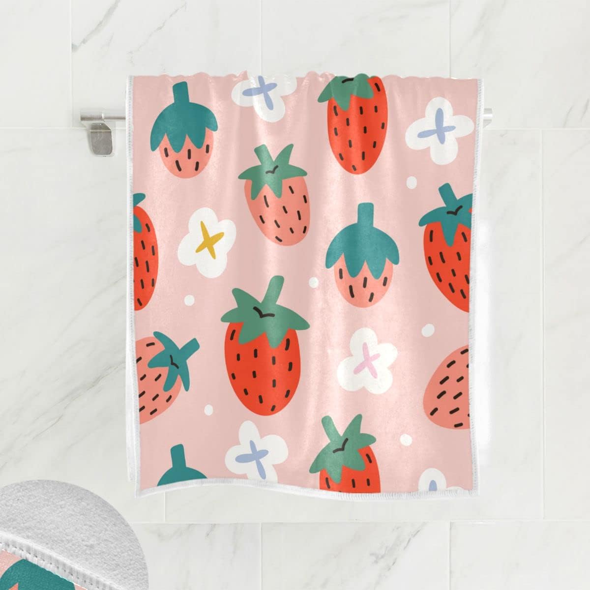 Wamika Pink Strawberry Hand Bath Towel Shower Towels Set Fruits Flowers Kitchen Hanging Gym Fingertip Bathroom Towel Highly Absorbent 2pcs - Image 2