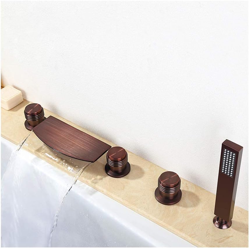 Waterfall Bathtub Faucet With Cold And Hot Water Brass Deck Mounted Shower Mixer Taps Multifunctional 3 Handles 5 Holes Bathtub Faucet Set With Handheld Shower, Oil Rub B,