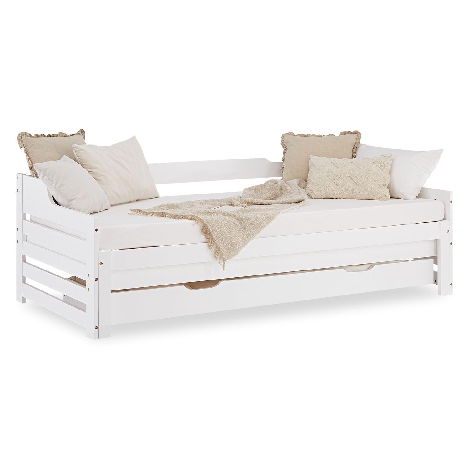 Homestyle4u Kinderbett 90x200 Ausziehbar - Holzbett Weiss mit Schublade | Massives Kiefernholz Tagesbett, Ausziehbett auf 180x200 Doppelbett, inklusive Lattenrost & Stauraum Funktionsbett