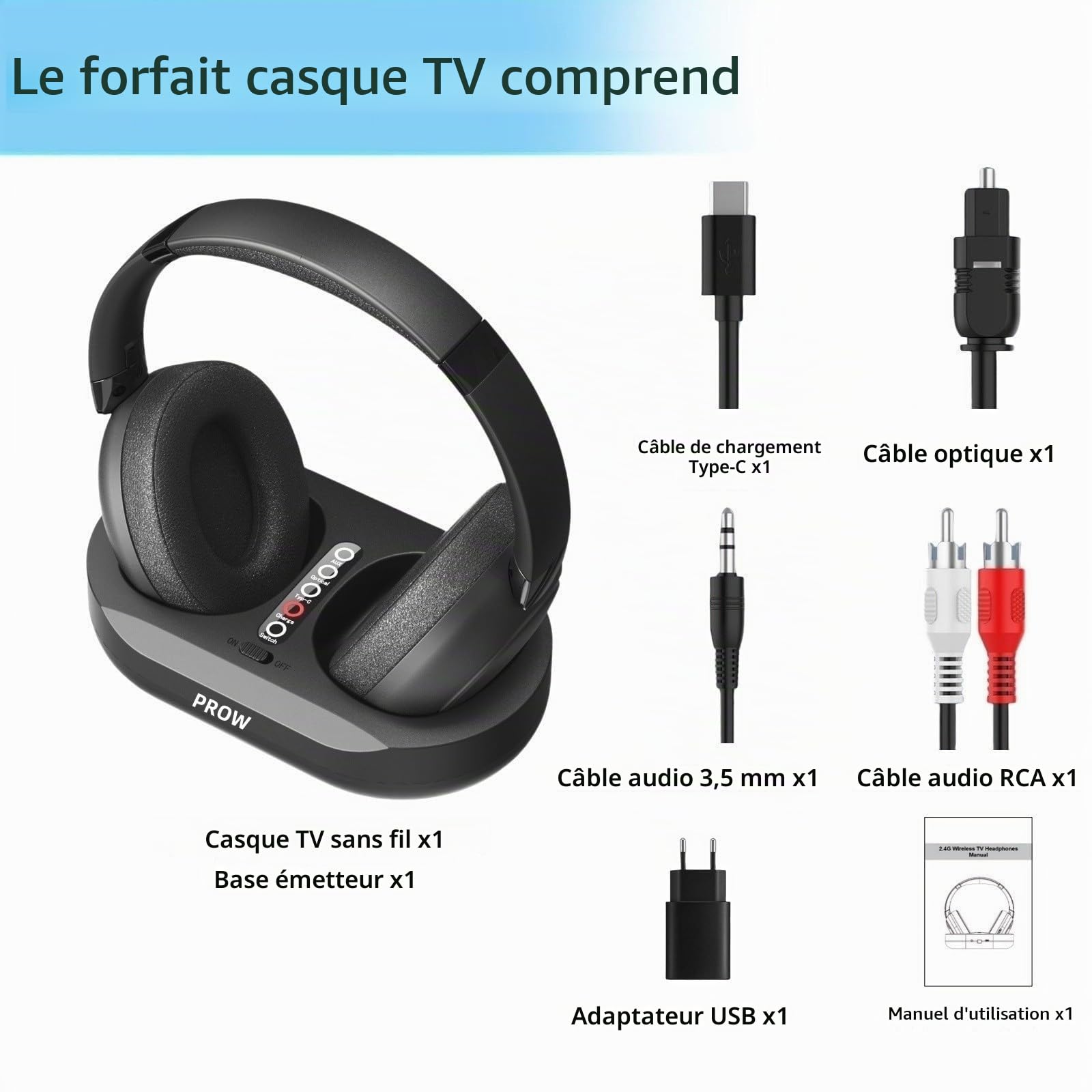 PROW Casque TV sans Fil, 2.4G et Bluetooth 5.3 Technologie bi-Mode Casque TV pour Personnes Âgées, Auriculaire sans Retard de Synchronisation, avec Base émettrice, Support Fibre Optique/USB/RCA/BT