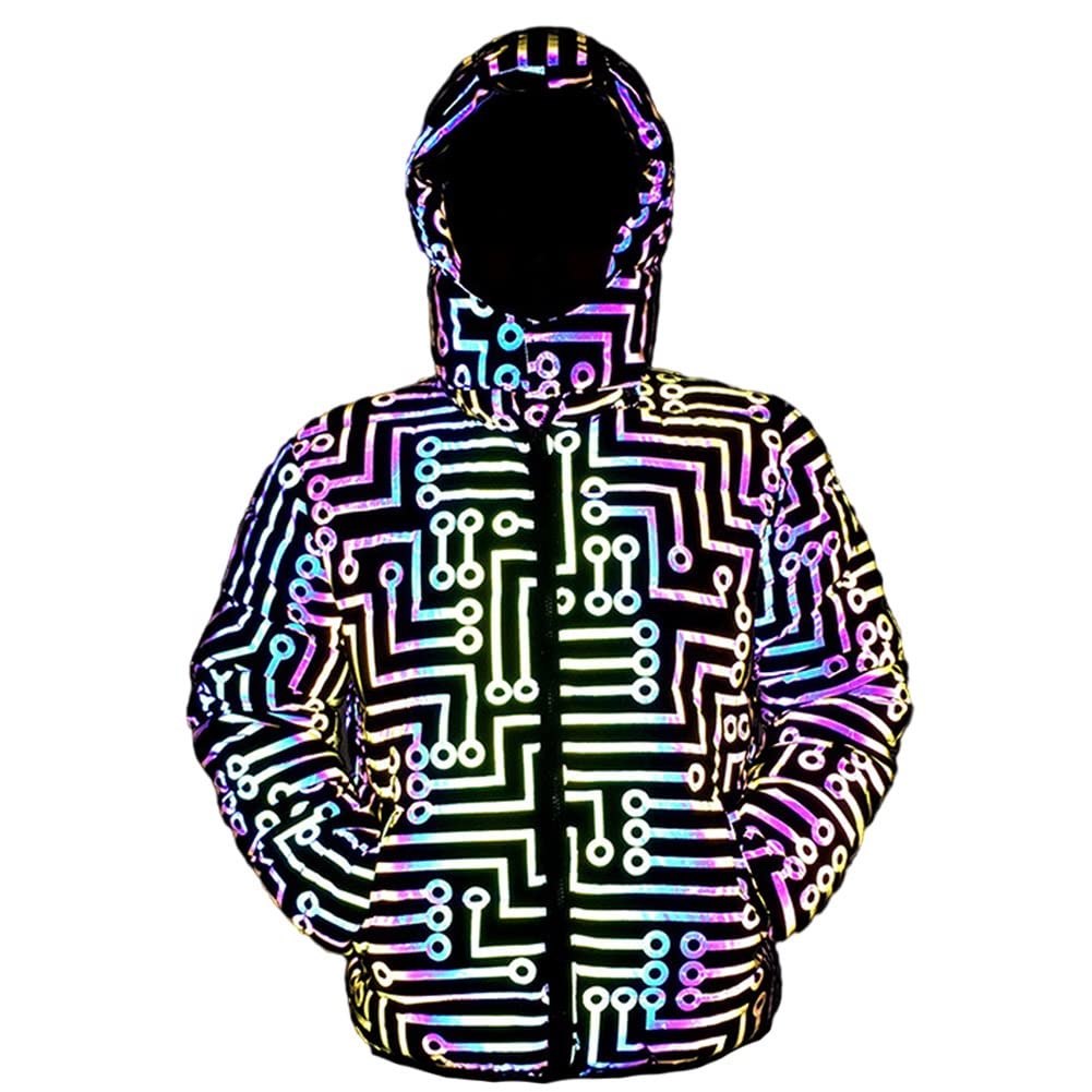 Springs Reflective Hoodies for Men Women Holographic Top Windbreakers Colorful Fluorescent Clothing Winter Cotton Coat (Color : L)