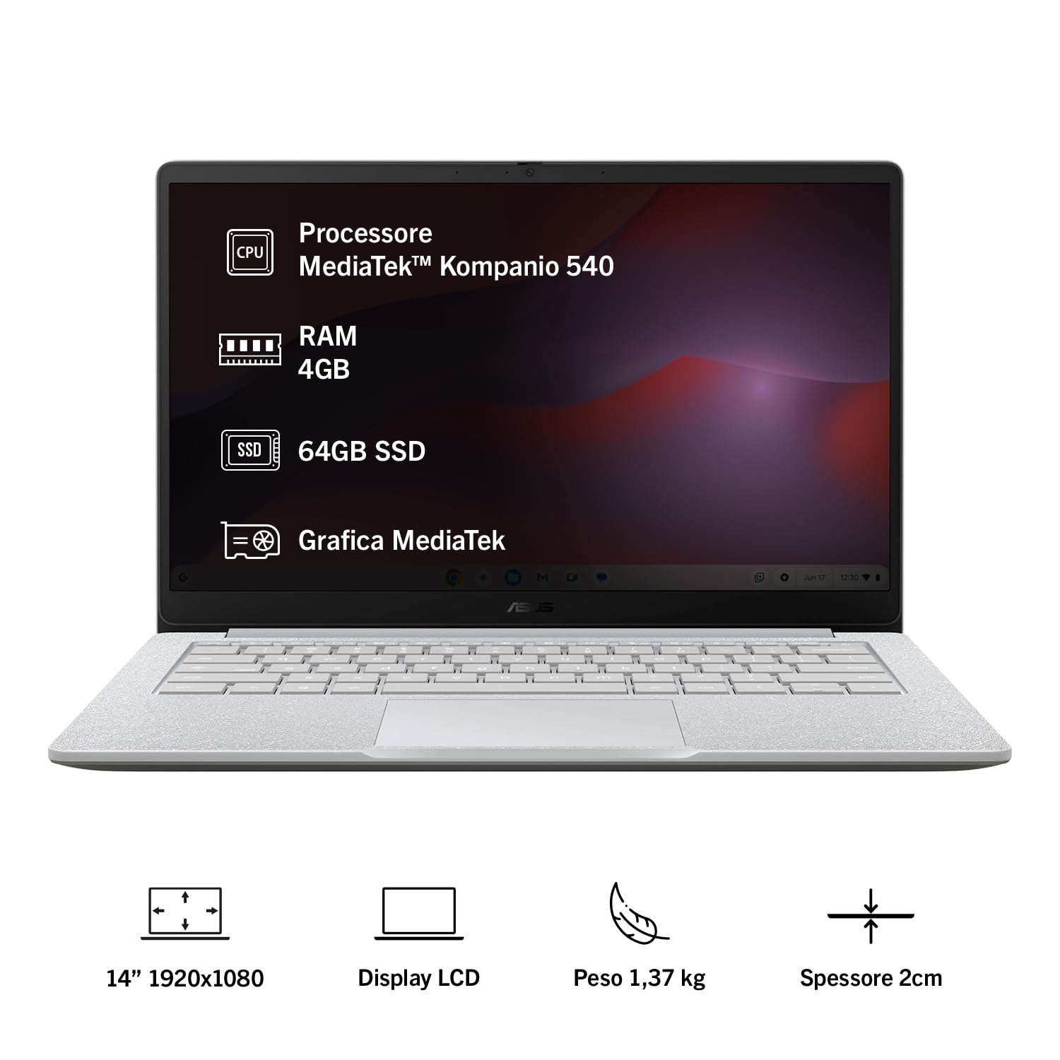 ASUS Chromebook CM1405CM4A#B0GV4V3CHG, Notebook con display 14" Anti-glare, 60Hz, processore MediaTek™ Kompanio 540, RAM 4GB, 64G eMMC, ChromeOS, Grigio