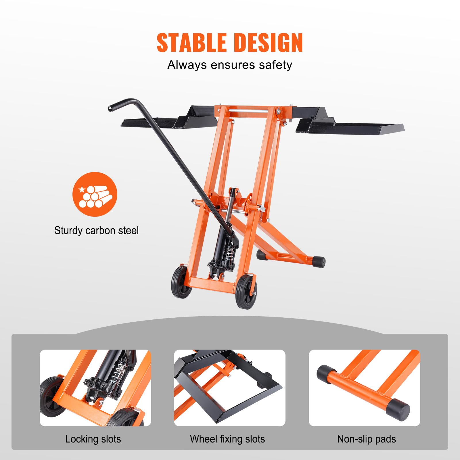 VEVOR Elevador de Cortacésped Móvil Ajustable con Gato Hidráulico, Capacidad de Peso de 225 kg, Acero al Carbono Sólido, para Tractores y Cortadoras de Césped de Giro Cero, Naranja, 1,0 x 1,0 x 0,1 m