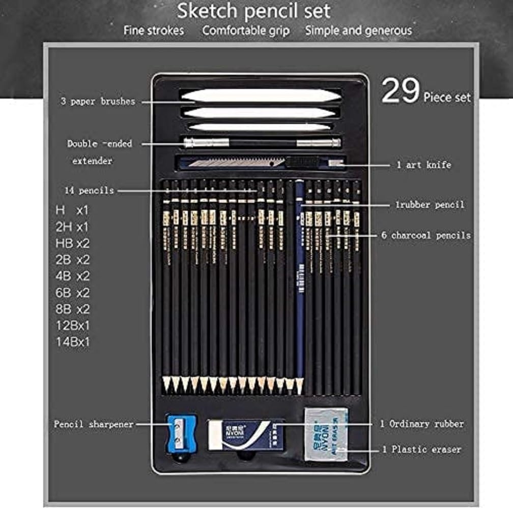 Elvana Professional 29-Piece Drawing & Sketching Pencil Kit – Charcoal Pencils, Sharpener, Paper Blenders, Extender & Durable Metal Case 3