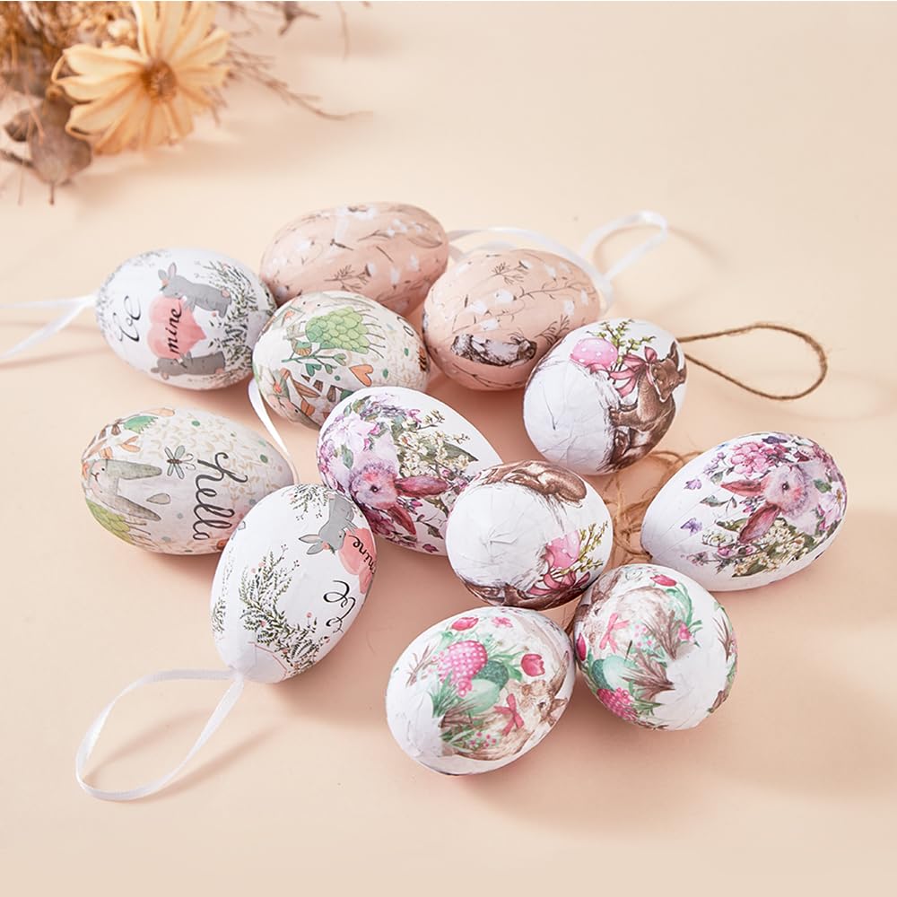 24 Œufs De Pâques à Suspendre - Plastique Coloré, 12 Motifs - Décoration Arbre De Pâques