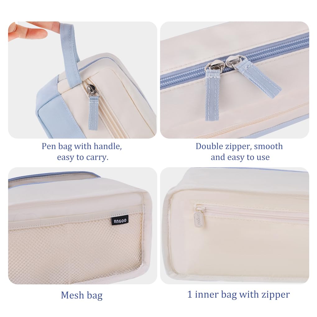 Oyachic Big Capacity Pencil Case Double Zipper Pen Pouch Organizer Storage Cosmetic Makeup Bag with Handle for Adults Women Office (Blue) - Image 2