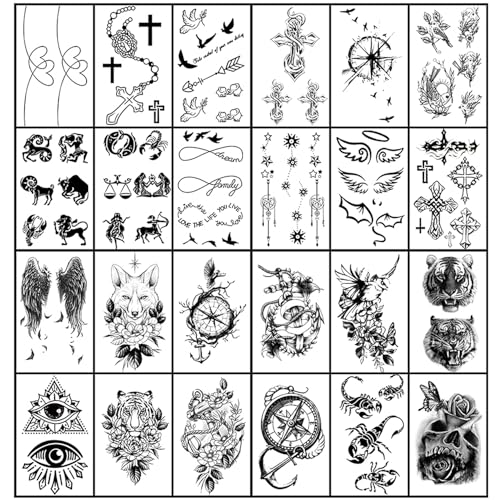 Yazhiji 36 Sheets Temporary Tattoos Stickers, 12 Sheets Fake Body Arm Chest Shoulder Tattoos for Men or Women with 24 Sheets Tiny Black Tattoos - Thumbnail 3
