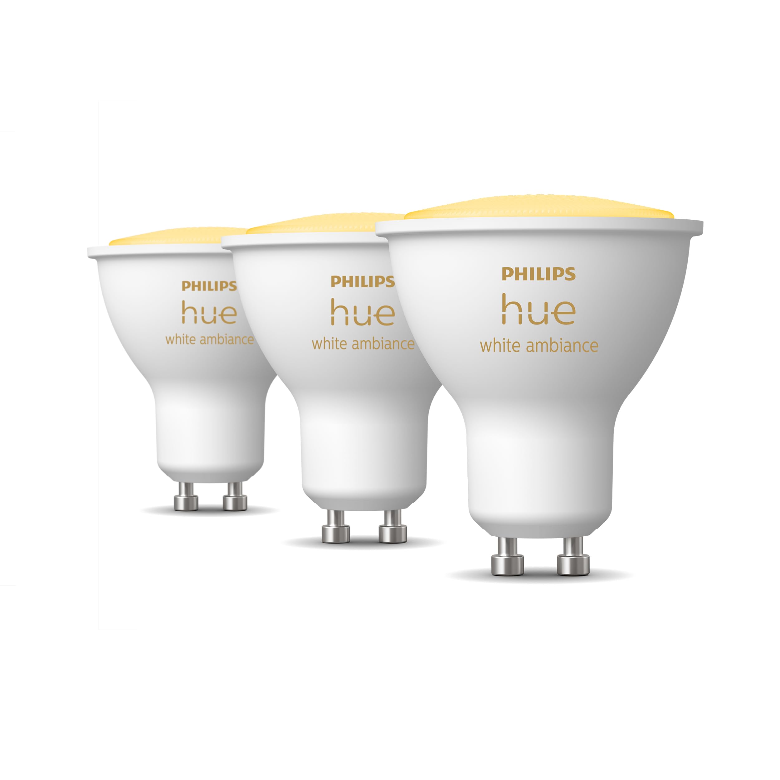Philips Hue White Ambiance Ampoule LED connecté Pack de 3, culot GU10, 350 lumens (équivalent 50W). Compatible Bluetooth, fonctionne avec Alexa, Google Assistant et Apple HomeKit