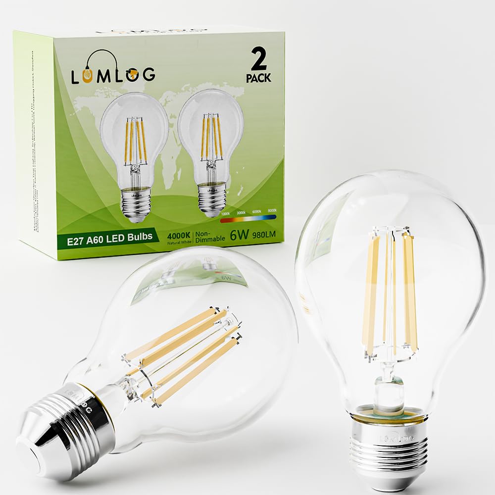 Lumlog A60 E27 LED Vintage Light Bulbs Natural White 4000K, 6W Edison Screw LED Filament Bulb 60W Equivalent, Energy Saving Non-Dimmable 980LM 2Pack