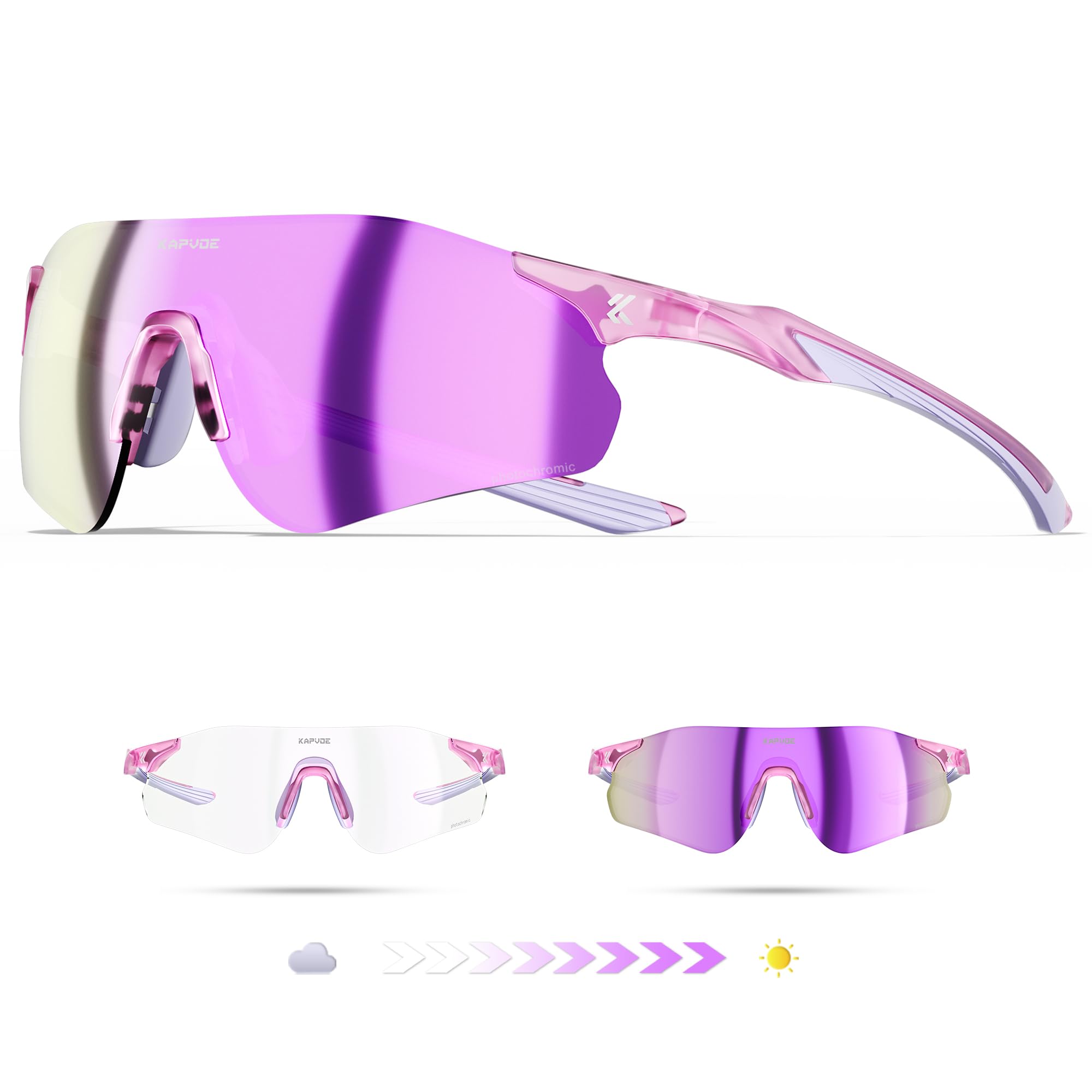 KAPVOE Gafas de Sol Deportivas Fotocromáticas para Hombre Mujer, Gafas UV400 sin Marco 22g con Almohadilla Nasal de Silicona Ajustable, Running Ciclismo Béisbol Conducción K108