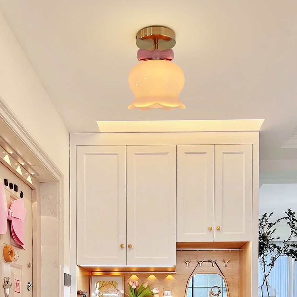 Glass Flower Pink Small Hallway Semi Flush Mount Light Cute Bow Kids Milk Glass Close to Ceiling Light for Bathroom Foyer Corridor Farmhouse Kitchen