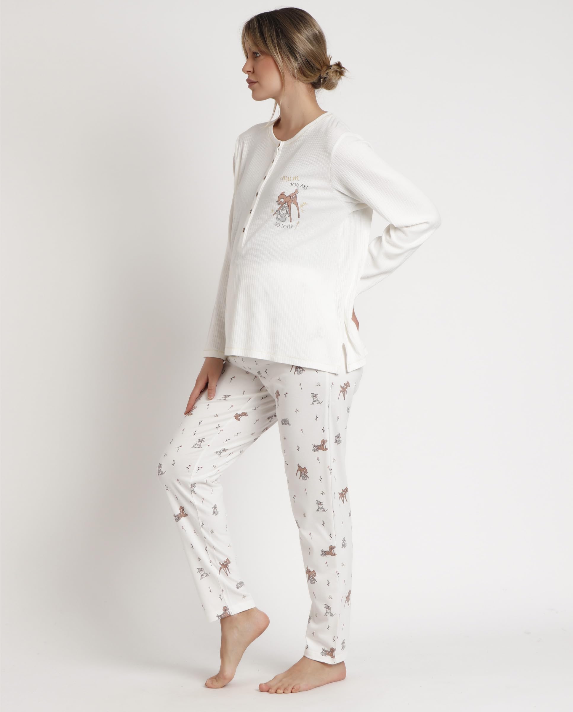 Disney Pijama premamá Mujer Invierno algodón y poliéster – Pijama Bambi You Are so Loved con Tapeta de Lactancia y pantalón Largo Cintura Regulable, Punto Suave, Color Crudo, Talla XXL