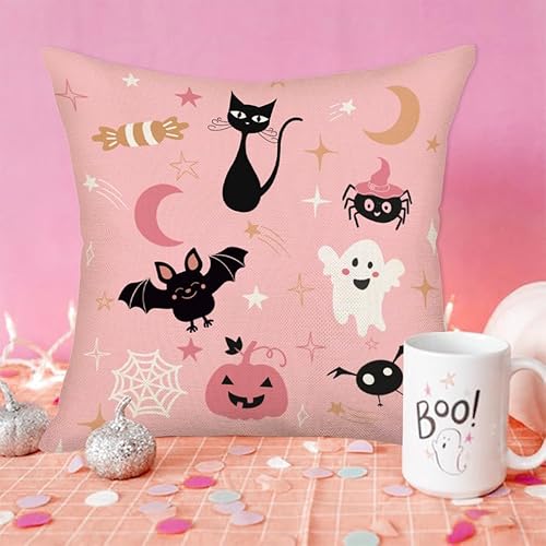 Miniatura 7 de Fundas de almohada rosas de Halloween de 18 x 18 pulgadas, funda de almohada de gato negro divertida decoración de estrellas de caramelo, luna,