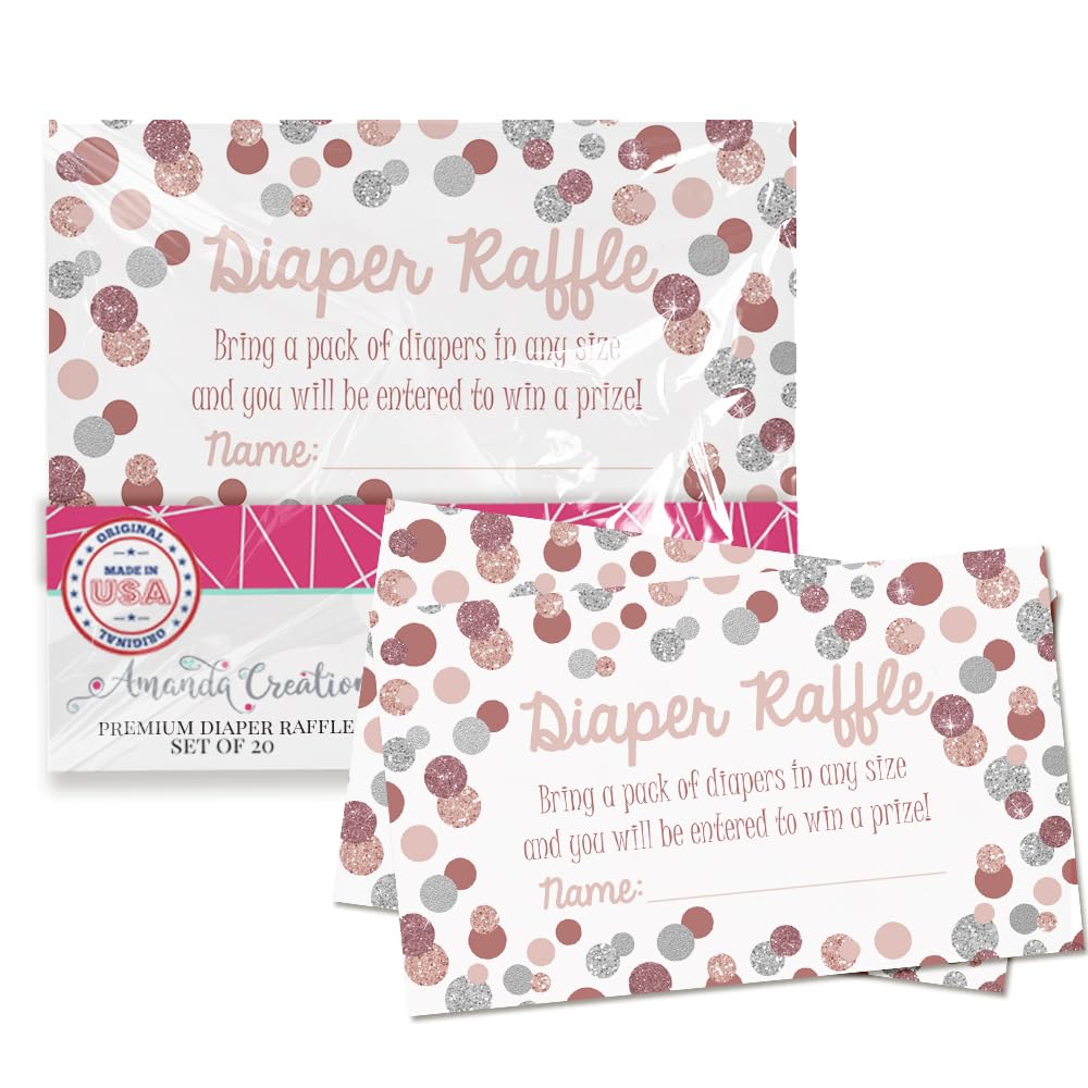 Amanda Creation Diaper Raffle Tickets for Baby Shower – Pack of 20 2” X 3.5” Rose Gold and Silver Polka Dot Double Sided Game Cards, Stock Up on Diapers Only Made in the USA