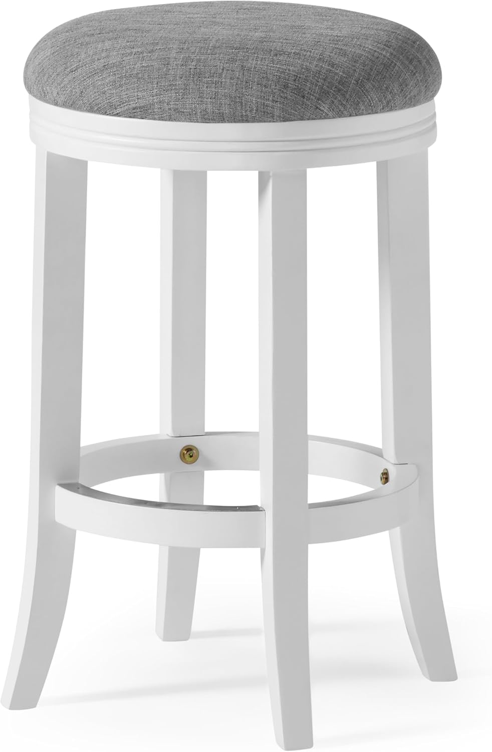 New Ridge Home Goods Avery 26in. Counter-Height Wood Backless Barstool with Upholstered Grey Swivel Seat, White Frame