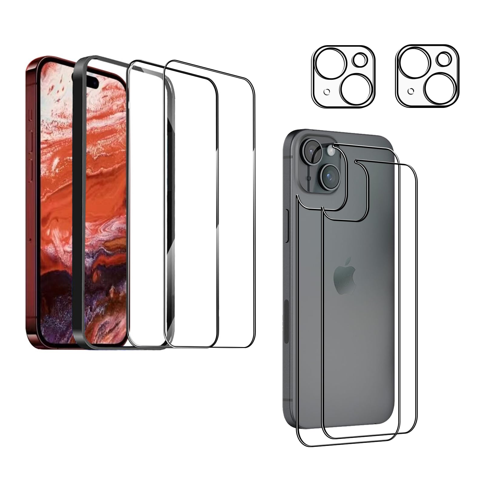 OWMGTS for iPhone 15 Plus Screen Protector, 2 Pcs Front Glass Protector +2 Pcs Back Glass + 2 Pcs Camera Lens Protector Anti-glare Tempered Glass Easy