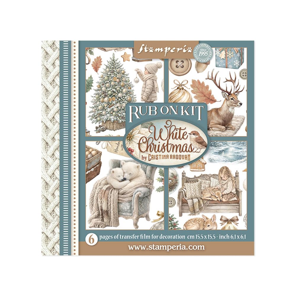 Stamperia - Rub-on Kit for Scrapbooks, Albums, Cards, Bullet Journals and More, Easily Transfer Images onto Paper and Other Surfaces, Perfect for Crafts and Gifting (6 Pages) (White Christmas)
