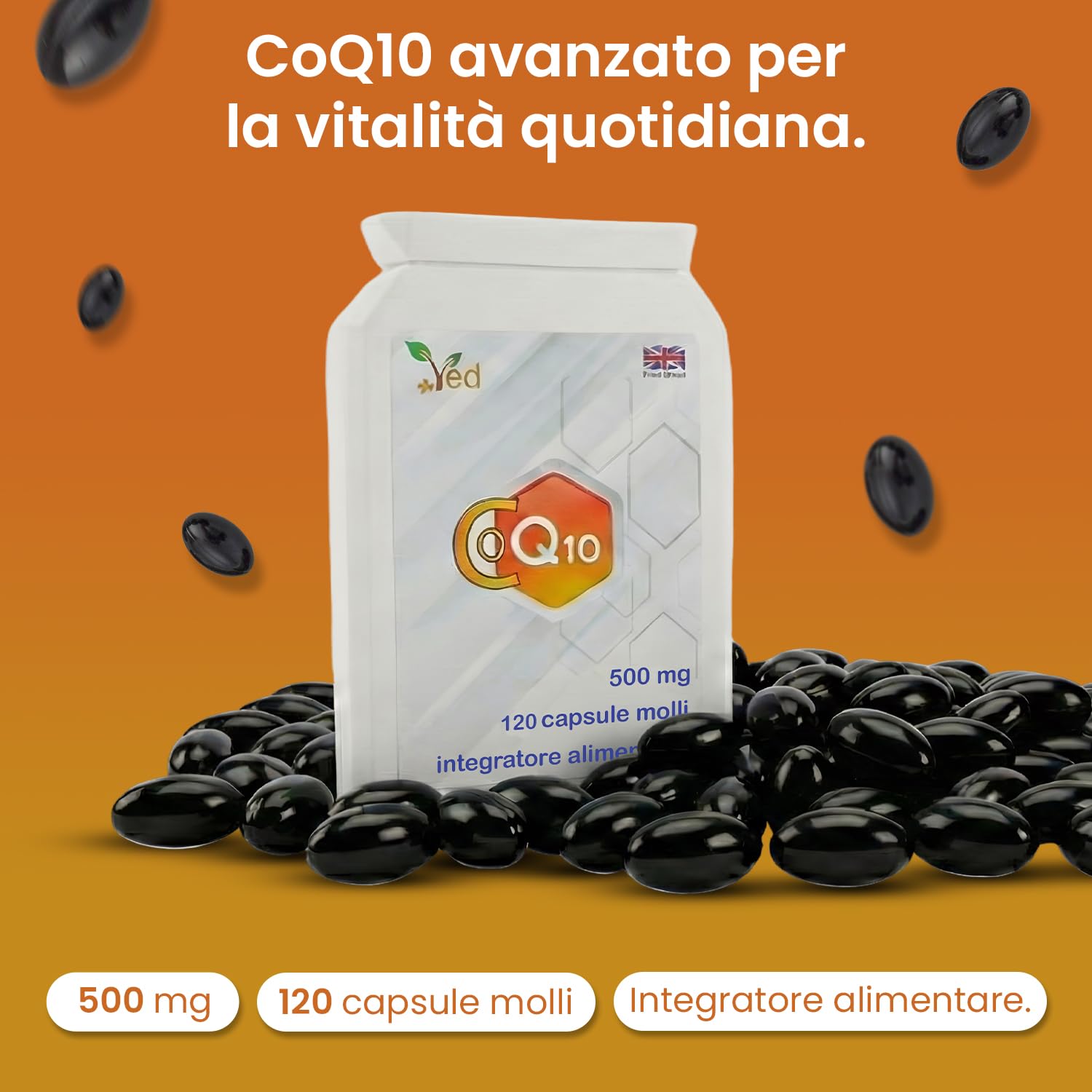 VED Co Enzyme Q10, Ubiquinone fermentato naturalmente, 500mg 120 Softgels.