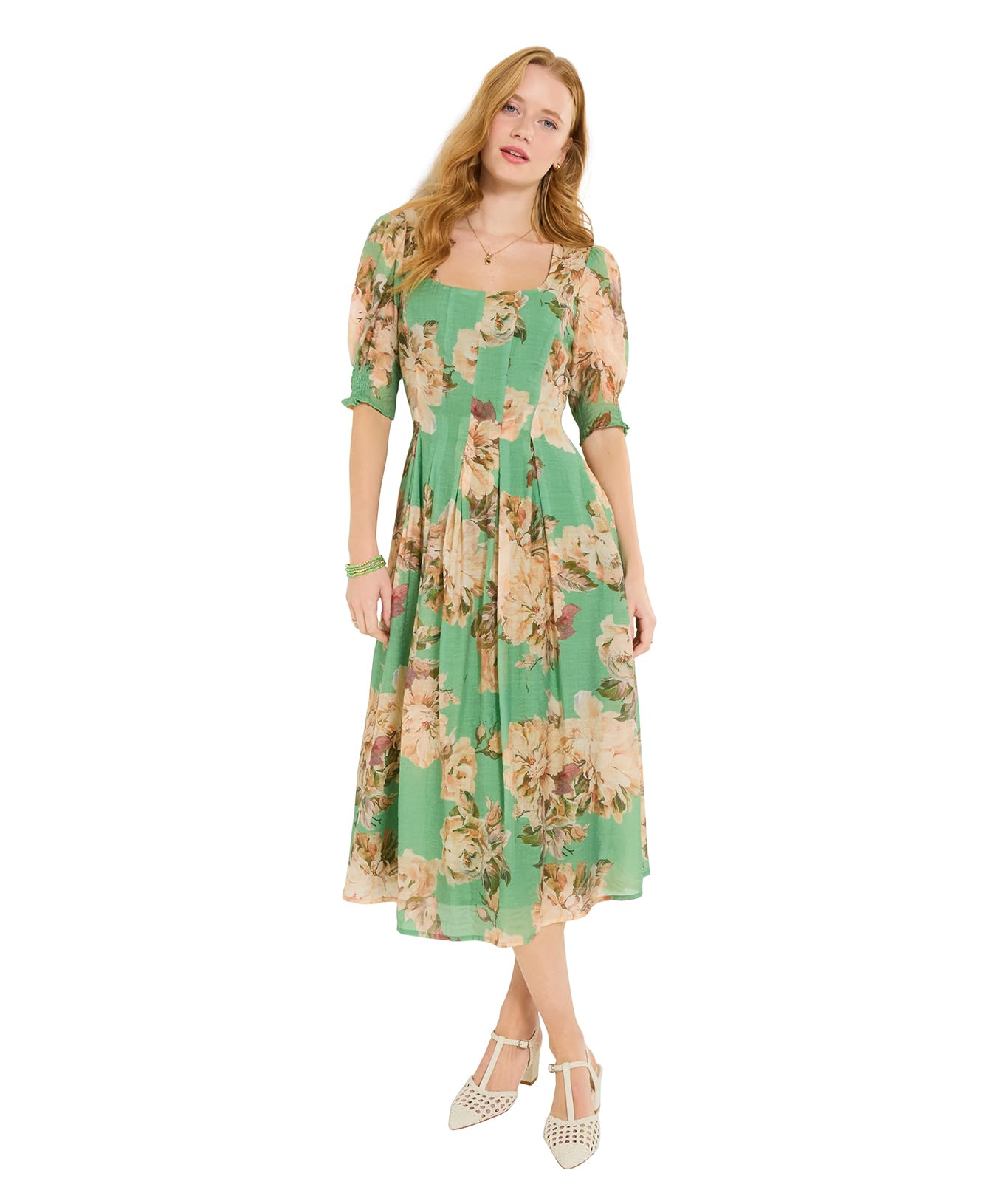 Joe Browns Women's Vintage Inspired Square Neck Floral Dress, Slim, Green, UK 10