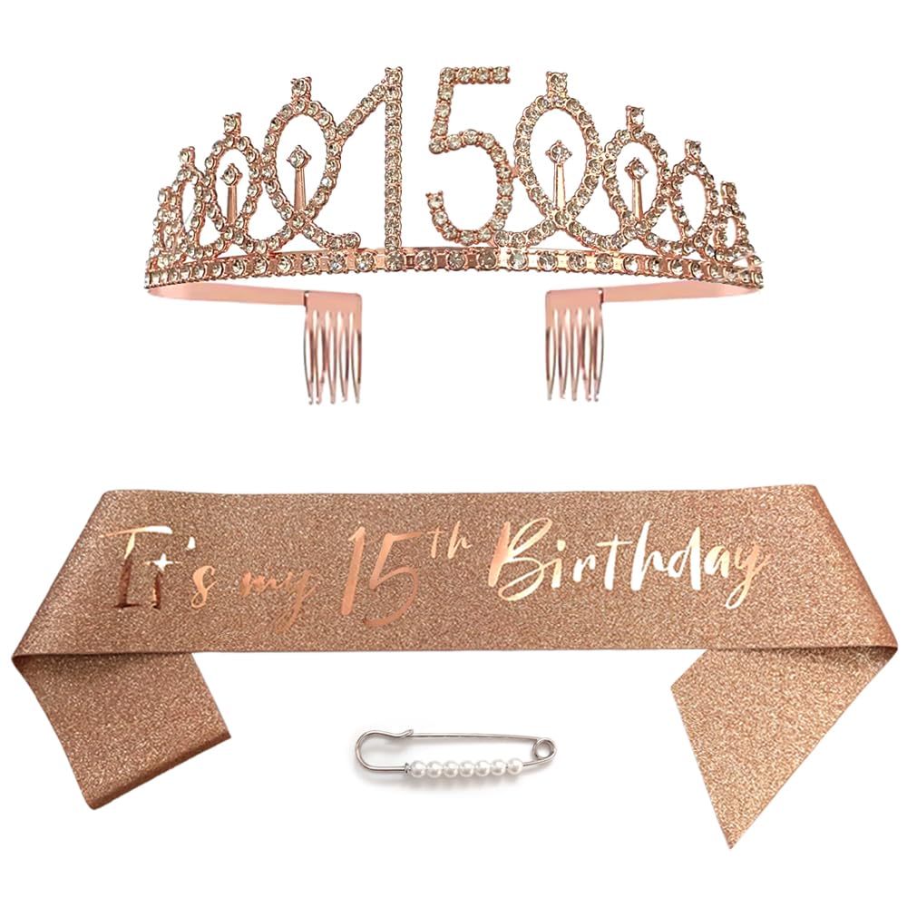 Tiara y coronas de 15 cumpleaños para niñas, tiara de oro rosa, tiara de princesa, tiara de diamantes de imitación con peines, tiaras de novia de boda para boda, graduación, fiesta de novia, Navidad
