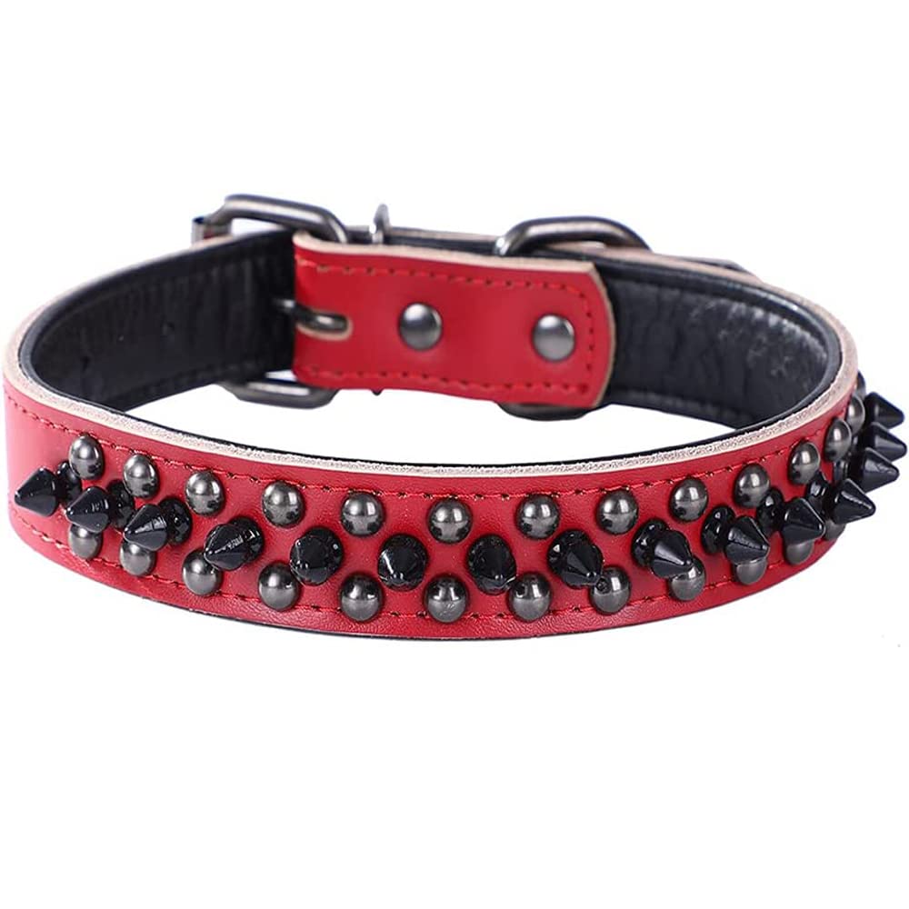 Spiked Studded Dog Collar, Genuine Leather Dog Collar, Adjustable Pet Collars for Medium Large Bulldog Pitbull Mastiff Poodle Boxer (L:37-47cm, Red-1)