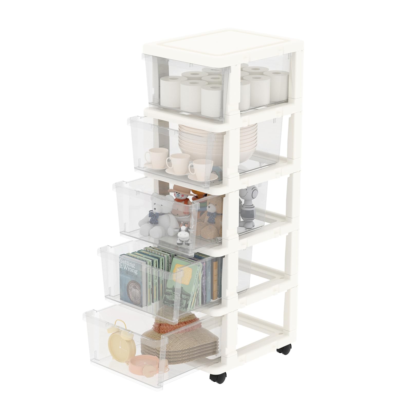 Cetomo Plastic Storage Drawers Unit, Storage Drawer on Locking Wheels, Tower with Interlocking Hooks for Home Office Closet Bedroom Dorm, Detachable, Free Combination, Clear and White, 5 Drawers