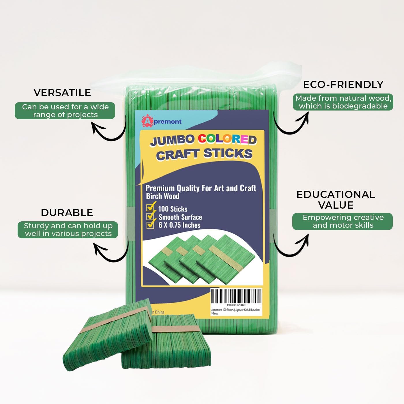 Apremont 100 Pieces Jumbo Green Colored Wooden 6 Inches Long Craft Sticks, Popsicle Stick, Arts and Crafts, Best for DIY Games Making, Building Designs or Kids Education