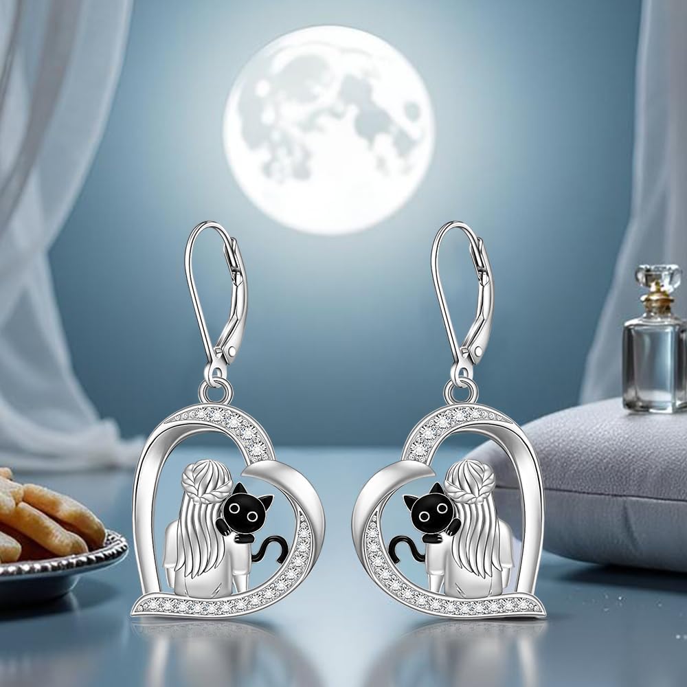 Black Cat Earrings for Women Sterling Silver Cat Earrings Heart Leverback Dangle Drop Halloween Jewelry Gifts for Lovers - Image 5