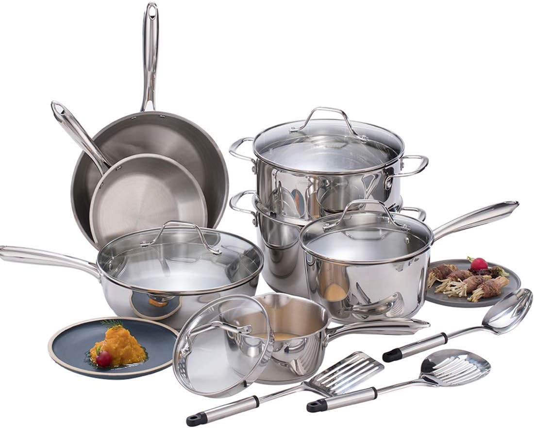 Classic Stainless Steel Cookware Set with Free Nylon Kitchen Utensils, Tri-ply Base Construction Pots and Pans Set, 14-Piece