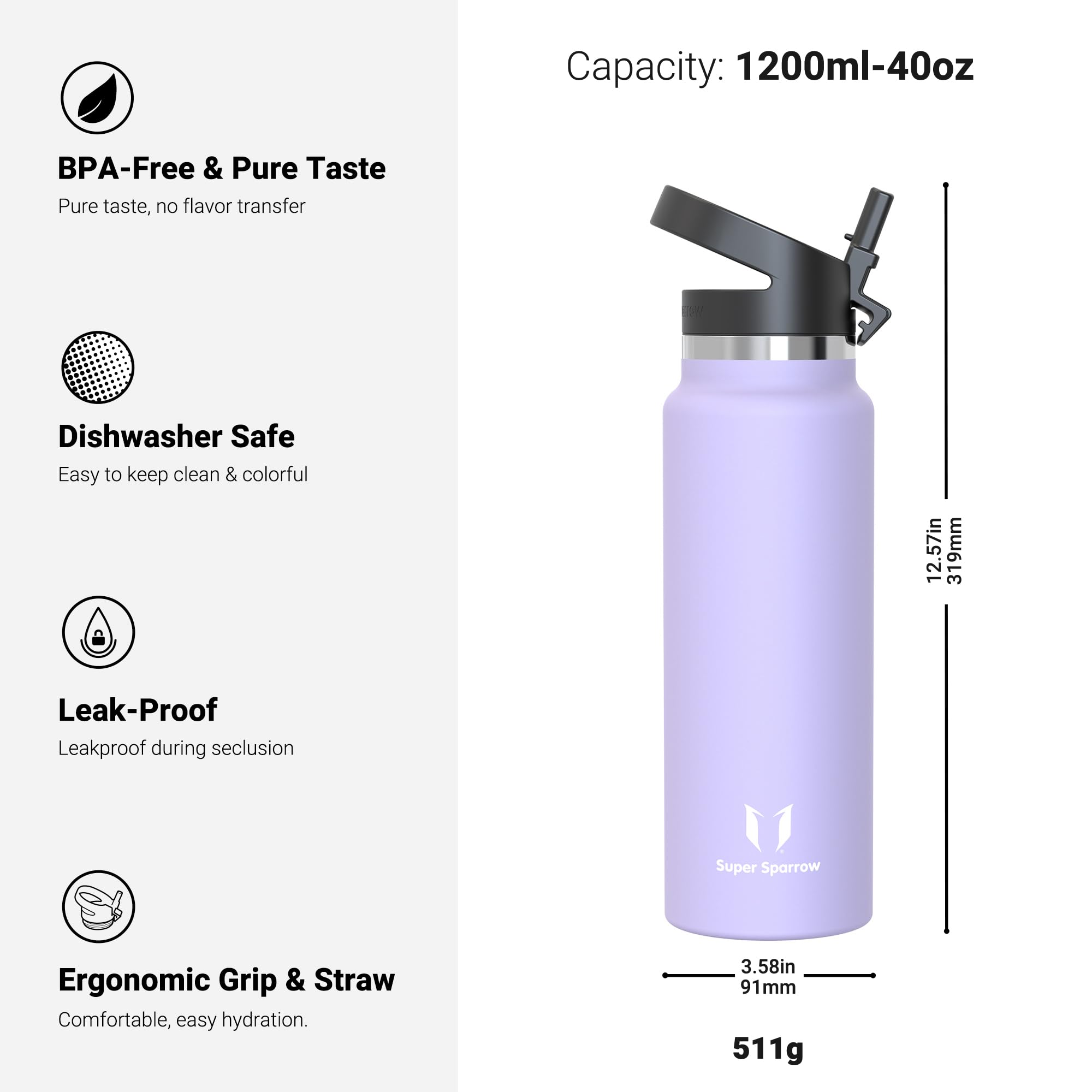 Super Sparrow Borraccia Termica - 500ml, 750ml, 1000ml, 1.2L, 1.5L- SwivelSip Inox Bottiglia - Senza BPA Borracce Termiche, Borraccia Ergonomica per Bambini, Sportiva, Bici, Campeggio, Palestra