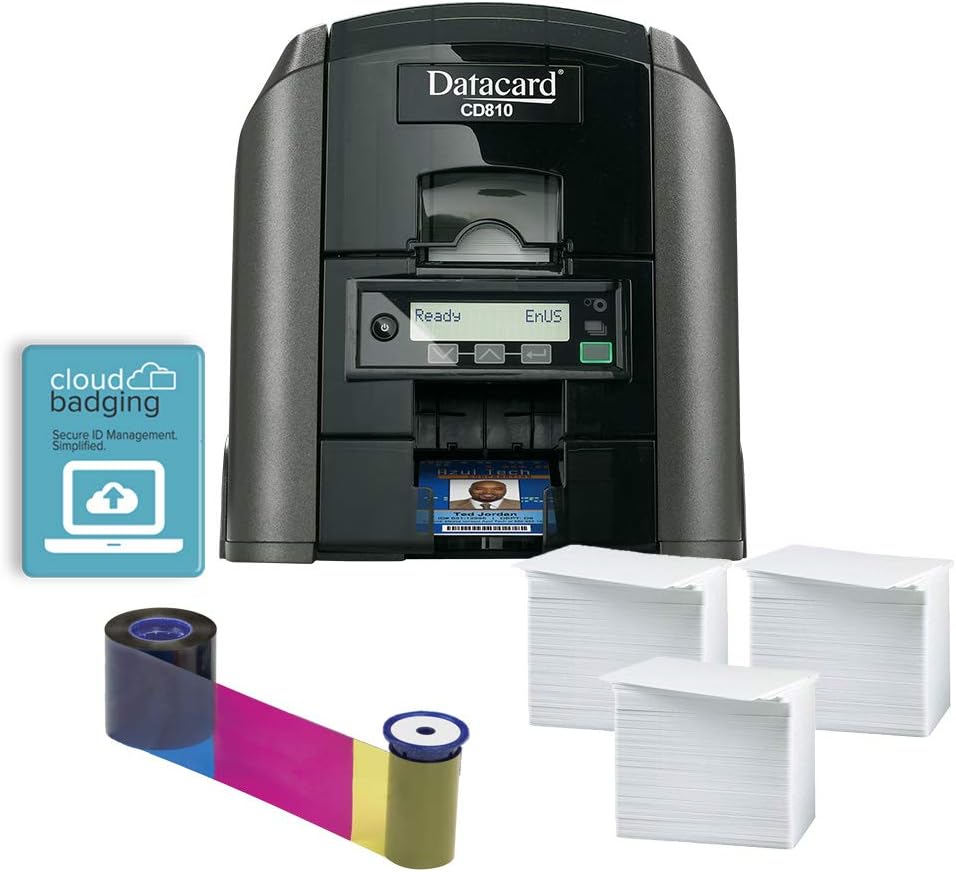Datacard CD810 Single-Sided ID Card Printer & Complete Supplies Package with CloudBadging Software