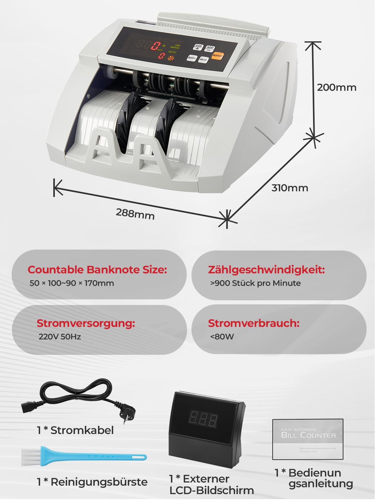 FOHERE Geldzählmaschine, Professioneller Geldzähler mit UV/MG/IR/DD Fälschungserkennung, 1100 Banknoten/Minute, LCD-Display, Wert- und Batch-Modus für Geschäfte, Banken und Restaurants