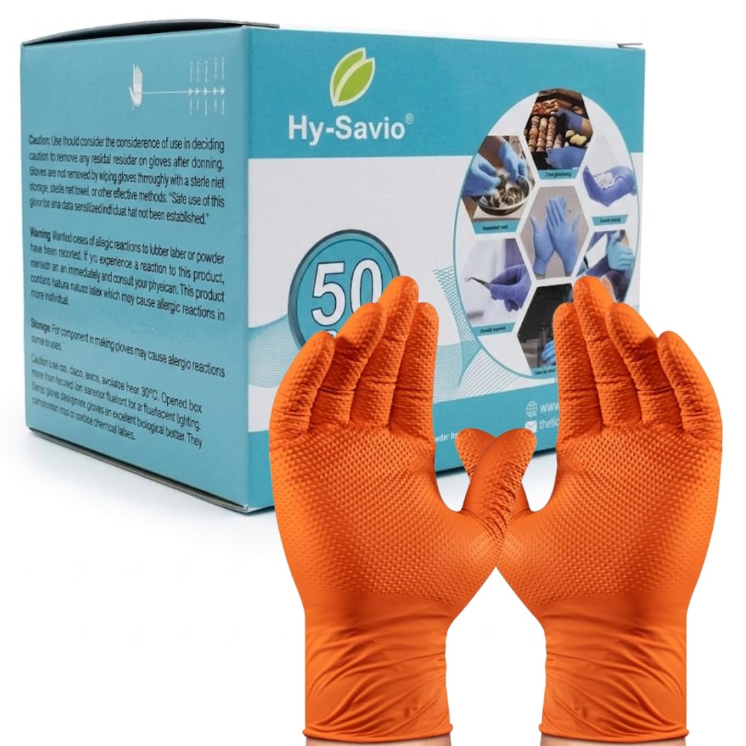 Hysavio Heavy Duty Orange Nitrile Gloves - Pack of 50 | Diamond Textured Grip, Powder-Free & Latex-Free | 6 Mil Thick Industrial Grade Disposable Gloves for Mechanics, Automotive & Cleaning